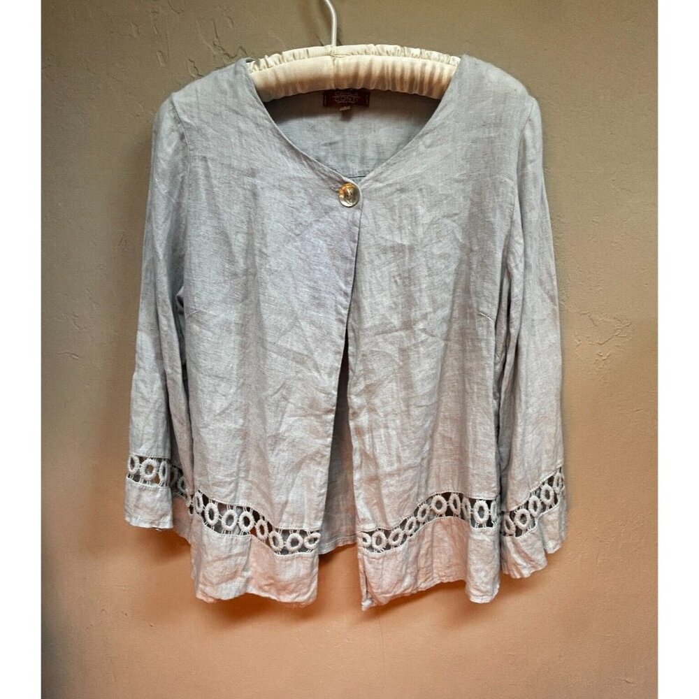 Carla Conti Women's Linen Top Lace Open Front Cardigan Blouse Large Pearl Gray